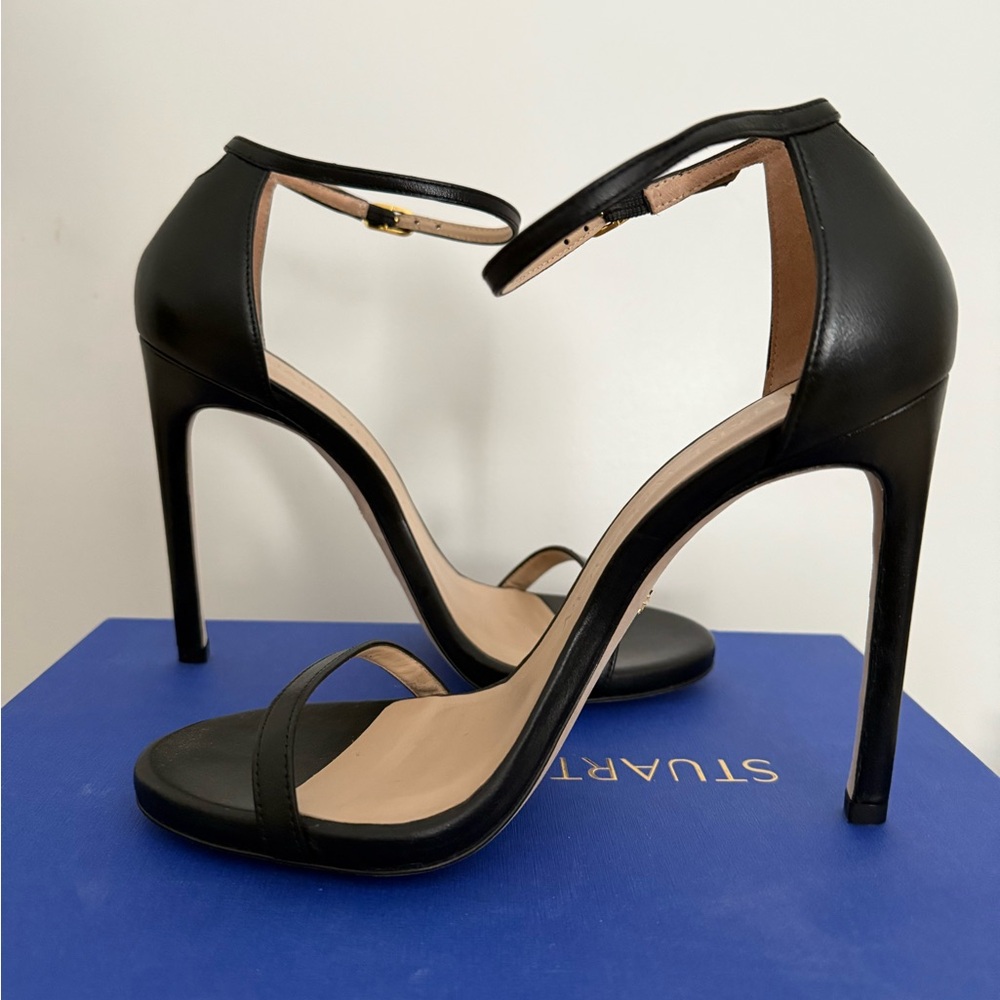 Stuart Weitzman Black Ankle Strap Sandal Leather Heels 7.5